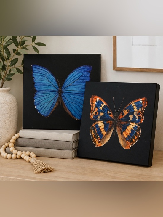 Other - Butterfly Canvas Wall Art Set | Blue & Orange Nature Decor 12x12